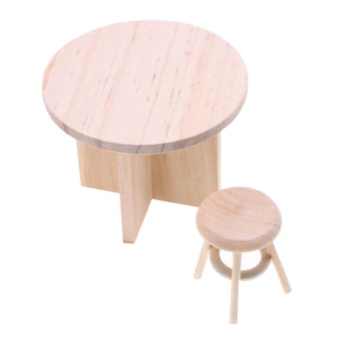Housoutil 1 Satz Massivholzmöbelmodell winziger Haustisch Mini-Holzhocker-Dekore Puppenhaus-Minihocker Mini-Tisch Mini-Holzstuhl Tiny-House-Layout-Requisite Mini-Hocker Beige von Housoutil