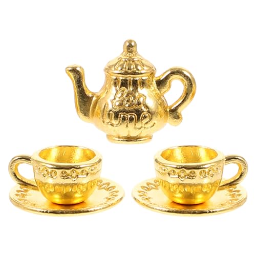 Housoutil 1 Set Miniatur-Teeservice Vintage-Metall-Mini-Teekanne-Tassen-Teller-Set Für Puppenhaus-Küchendekorationszubehör Golden von Housoutil