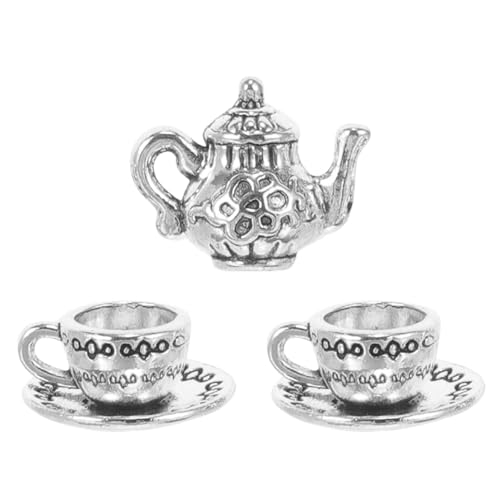 Housoutil 1 Set Miniatur-Teeservice Vintage-Metall-Mini-Teekanne Tassenteller-Set Für Puppenhaus-Küchendekorationszubehör Silber von Housoutil
