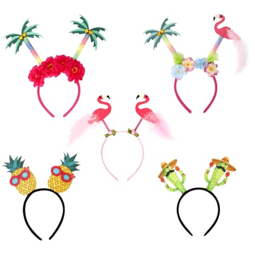 Housoutil Hawaii Kopfschmuck, 5 Stück Tropische Stirnbänder Flamingo Ananas Kopfschmuck, Haarreif Karneval, Hawaii-Party-Haarbänder Sommer-Haar-Accessoires von Housoutil