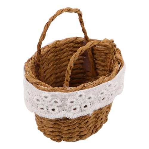Housoutil Miniatur Handgefertigter Handkorb aus Imitations-rattan Geflochtener Korb mit Griffen Tragbarer Mini-tote für Puppenhaus Dekoration Blumenarrangements Mikro-szene von Housoutil