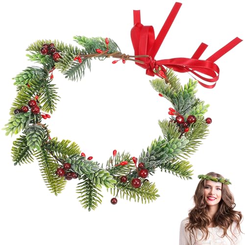 Housoutil Weihnachtskrone Haarband, Weihnachtsblumenkrone mit Band, Blumenkranzgirlande mit Stechpalmenblättern Haarschmuck von Housoutil