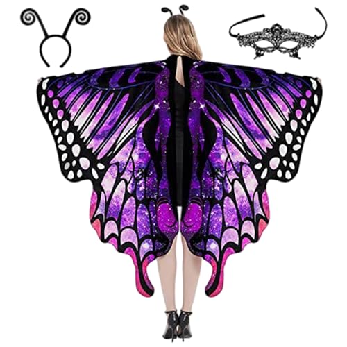1 Set Schmetterlingskostüm (3-teilig), doppelseitiges Schmetterlingsflügel-Set mit Stirnband und schwarzer Spitzen-Augenmaske für Damen-Halloweenkostüme, Style2 Schmetterlingsflügel für Erwachsen von HoveeLuty