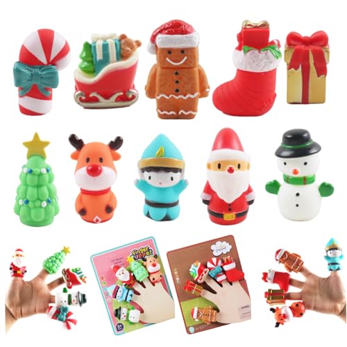 10 Weihnachts-Fingerpuppen, Cartoon-Weihnachtspuppen mit Weihnachtsmann, Elch, Schneemann, Weihnachtsbaum und mehr, als Füllmaterial für Geschenktüten, Partygeschenke für Kinder und Kleinkinder von HoveeLuty