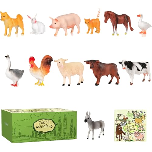 12-teiliges Set mit Bauernhoftieren, realistisches Spielzeug mit Bauernhoftieren, einschließlich Hahn, Ziege, Stier und mehr, pädagogisches Lernspielzeug, Geburtstagsgeschenk, Tortenaufsatz, Tier von HoveeLuty
