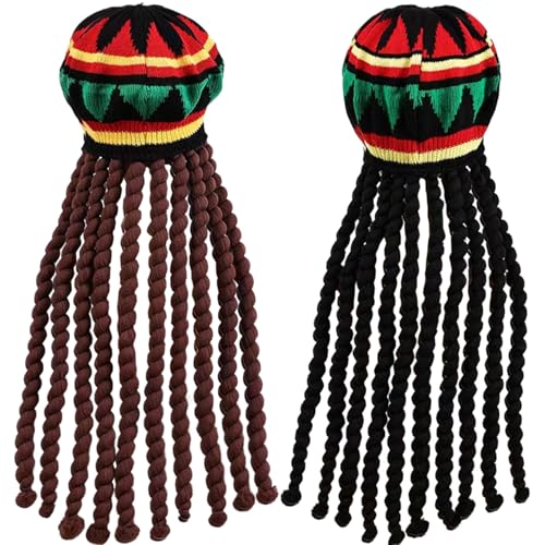 2 Stück Jamaikanische Mütze, traditionell gestrickt, weich, Rasta-Mütze mit 45, 7 cm langen schwarzen und braunen Dreadlocks, bunt, bequem, elastisch, lustige Dreadlock-Perücke für Party, Cosplay 2 Stück Jamaikanische Mütze, traditionell gestrickt, weich, Rasta-Mütze mit 45, 7 cm langen schwarzen und braunen Dreadlocks, bunt, bequem, elastisch, lustige Dreadlock-Perücke für Party, Cosplay von HoveeLuty