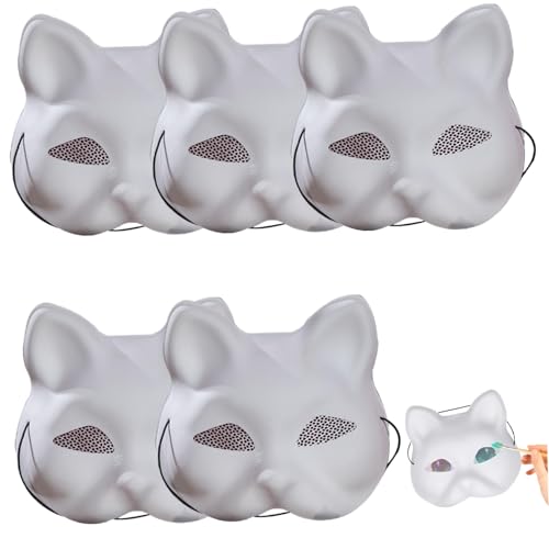 5-teilige Katzenmaske, weiße Katzenmasken zum Bemalen, DIY-Halbabdeckung, Therian-Maske mit Augennetz und Gummiband, PVC-Tiermaske für Halloween, Cosplay, Party, Maskerade, Therian-Maske, Katzenm von HoveeLuty