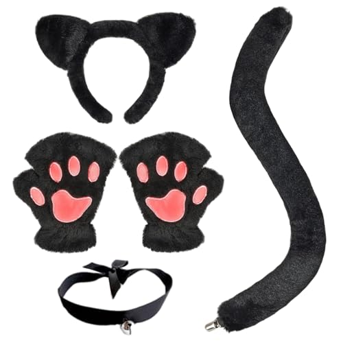 5-teiliges Katzenkostüm-Set mit schwarzen Katzenohren und -schwanz, mit Krallenhandschuhen und Halsband für Erwachsene Kinder für Halloween, Anime-Cosplay, Partykostüme, Katzenkostüm, Katzenschwa von HoveeLuty