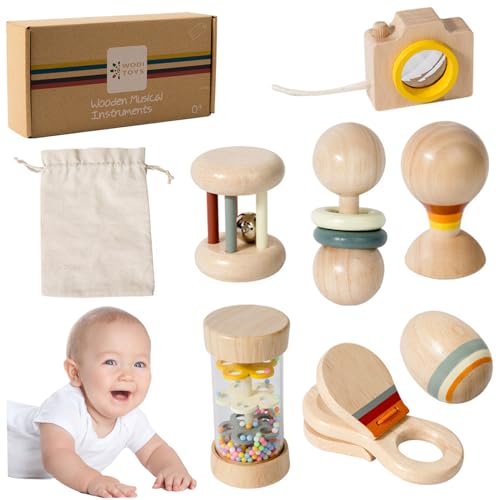 7-teiliges Set aus Spielzeug für Neugeborene, Babyrassel aus natürlichem Bio-Holz mit Regenstab, Handglocke, Sandball und mehr, Spielzeug für Neugeborene mit Aufbewahrungstasche für Jungen und Mä von HoveeLuty