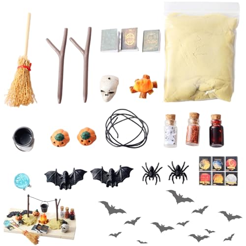 Halloween-Puppenhaus-Miniatur, 1:12 Mini-Halloween-Figuren, inklusive Fledermaus, Spinne, Kürbis, Totenkopf, Hexenwerkzeug und mehr DIY-Puppenhaus-Zubehör aus Kunststoff für Partygeschenke, Tischde von HoveeLuty