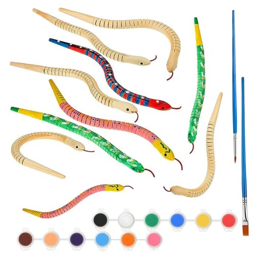 Holzschlange, 12 Zoll, unlackiertes Wackelschlangenspielzeug, gegliederte, flexible Kunstschlangen mit 12 Farben Acryl-Bastelfarbe und 2 Pinseln für Kunst und Handwerk, Kunstschlangen, Schlangens von HoveeLuty