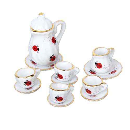HoveeLuty 15 Stück 1/12 Puppenhaus Miniatur-Essgeschirr Porzellan Teeservice Teller Tasse Platte Marienkäfer-Print Mini-Teeservice Puppenhauszubehör Mini-Teetassen-Set von HoveeLuty
