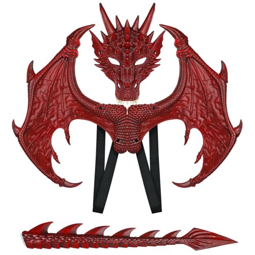 HoveeLuty Drachenkostüm für Kinder, Jungen, Mädchen, Halloween, rotes Drachenkostüm-Set mit Drachenflügel-Schwanzmasken-Set, Gummidrache-Cosplay für Party-Maskenball, Dinosaurierkostüm, Drachenmaske HoveeLuty Drachenkostüm für Kinder, Jungen, Mädchen, Halloween, rotes Drachenkostüm-Set mit Drachenflügel-Schwanzmasken-Set, Gummidrache-Cosplay für Party-Maskenball, Dinosaurierkostüm, Drachenmaske von HoveeLuty