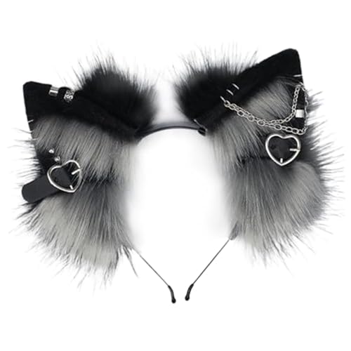 HoveeLuty Katzenohren-Stirnband, Pelzohren-Kopfbedeckung mit Metallherz und Kettendekor, Gothic Punk Therian-Ohren, Tierohren-Haarband für Cosplay-Kostüm, Schwarze und Graue Fuchsohren Therian-Ohren von HoveeLuty