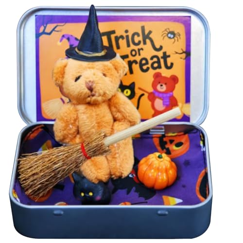 HoveeLuty Kleiner Bär in Einer Kiste, Hexe, Plüschbär, Halloween-Minifiguren mit Eisenkiste, Besen, Umhang, Kürbis und Katze für „Süßes oder Saures, Halloween-Minifiguren, Bär, Plüsch, Miniaturtiere von HoveeLuty