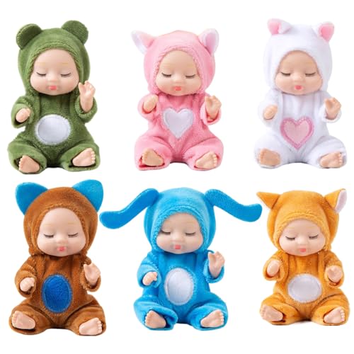 HoveeLuty Mini-Babypuppen, 6 Stück, 10 cm, winzige Babypuppe, bewegliche, realistische Babypuppe mit Tierkleidung, süße kleine für Kleinkinder, Mädchen, Kinder ab 3 Jahren, Geburtstagsgeschenke von HoveeLuty