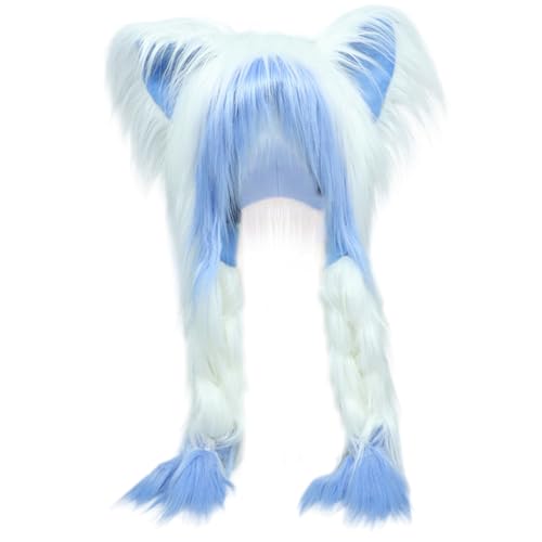 HoveeLuty Pelzmütze, süße Pelzmütze mit Katzenohren und Zöpfen für Halloween, Cosplay, Kostümparty, Kopfaccessoires, blauer Pelzanzug, Katzenohrmütze, Halloween-Accessoires von HoveeLuty