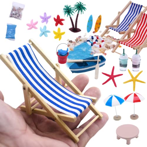 HoveeLuty Puppenhaus-Dekoration, Miniatur-Strandzubehör, Mini-Regenschirm, Palmenstuhl, Spielzeug, Sommer-Ozean-Kuchenaufsätze, 25 Stück, Miniatur-Strandzubehör, Strandkuchen-Dekorationen von HoveeLuty