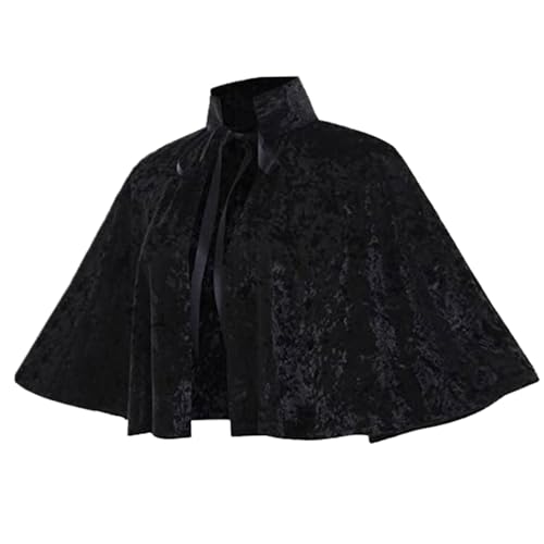 HoveeLuty Schwarzer Umhang für Damen, Gothic Lolita Mittelalter-Schal mit Bindeband, Halloween Weicher kurzer Mittelalter-Umhang Schwarzer für Pagan Cosplay - von HoveeLuty