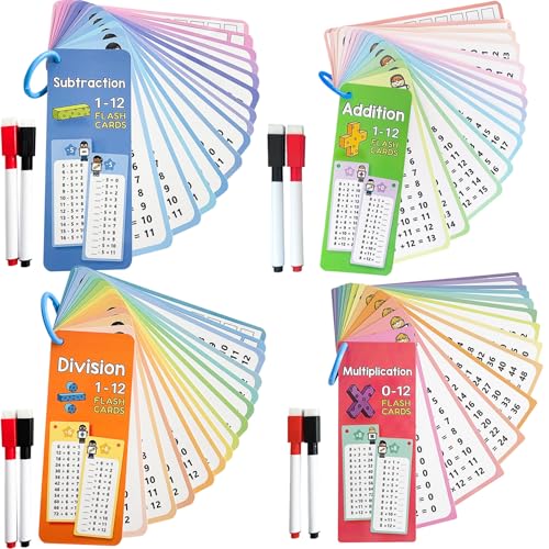 Mathe-Lernkarten, 4 Sets, löschbare Multiplikations-Lernkarten 0–12, pädagogische Mathe- mit Stiften für Kinder, Addieren, Subtrahieren, Dividieren, Multiplizieren, Karten für Kinder, S von HoveeLuty