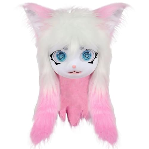 Pelzkopf, Vollkopf-Pelzmaske mit großen Augen, Pelzohren und langen Haaren, Tierkopf-Fursuit-Maskenkostüm für Halloween-Maskenball-Cosplay-Kostüm-Requisiten, Stil 2, Fursuit-Kopf, Pelzkostüm, Kat von HoveeLuty