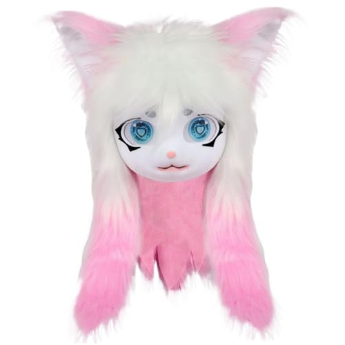 Pelzkopf, Vollkopf-Pelzmaske mit großen Augen, Pelzohren und langen Haaren, Tierkopf-Fursuit-Maskenkostüm für Halloween-Maskenball-Cosplay-Kostüm-Requisiten, Stil 2, Katzen-Cosplay-Pelzkostüm, Fu von HoveeLuty