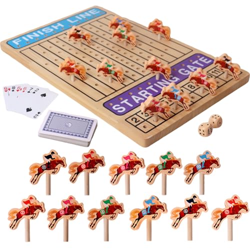 Pferderennen-Brettspiel, 12 x 19 Zoll großes Pferderennspielbrett mit 11 Holzpferden, 2 Würfeln und Karten, zuverlässiges Holzpferdespiel als Geburtstags- oder Feiertagsgeschenk von HoveeLuty