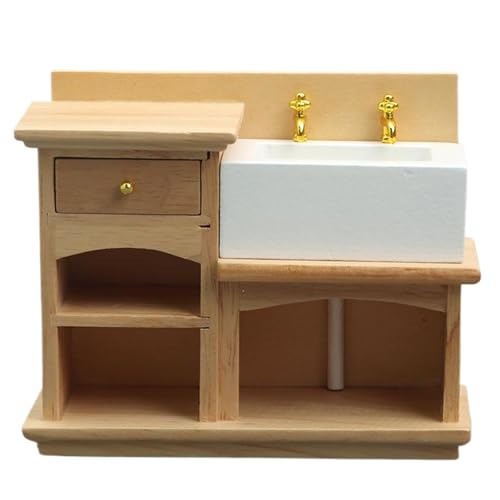Puppenhaus-Waschbecken, hölzernes Badezimmer-Waschbecken im Maßstab 1/12, Puppenhaus-Miniaturen, realistische -Küche, Badezimmer-Waschbeckenschrank für -Möbel, Modell-Dekorati von HoveeLuty