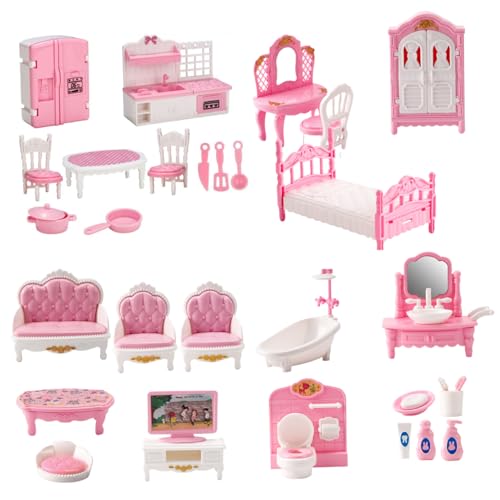 Puppenhausmöbel, 4 Sets, realistisches Miniatur-Puppenhausmöbelset für Schlafzimmer, Badezimmer, Küche und Wohnzimmer, DIY-Puppenhauszubehör für Rollenspiele, Puppenhaus-Schlafzimmerset Puppenhausmöbel, 4 Sets, realistisches Miniatur-Puppenhausmöbelset für Schlafzimmer, Badezimmer, Küche und Wohnzimmer, DIY-Puppenhauszubehör für Rollenspiele, Puppenhaus-Schlafzimmerset von HoveeLuty