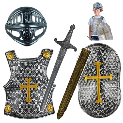 Ritterkostüm für Kinder, 4-teiliges Set, mittelalterliche Ritterrüstung mit Kreuz, inklusive Helm, Schild, Schwert und Rüstung, Kinderkostüme für Rollenspiele, Cosplay, Halloween, silbergraues mi Ritterkostüm für Kinder, 4-teiliges Set, mittelalterliche Ritterrüstung mit Kreuz, inklusive Helm, Schild, Schwert und Rüstung, Kinderkostüme für Rollenspiele, Cosplay, Halloween, silbergraues mi von HoveeLuty