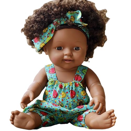 Schwarze Babypuppen, 12 Zoll große, amerikanisch-afrikanische, realistische Babypuppe mit Kleid, beweglichen Gelenken und lockigem Haar. Weiche, waschbare Babypuppe mit dunkler Haut als Geschenk von HoveeLuty