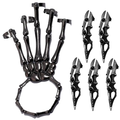 Skelett-Handarmband mit 5 Vollfingerringen, Punk-Gothic-Schmuck mit beweglichem Gelenk, plattierte Legierung, Halloween-Schmuck für Cosplay, Party, Kostüm, Schwarze Vollfingerringe, Klauenringe Skelett-Handarmband mit 5 Vollfingerringen, Punk-Gothic-Schmuck mit beweglichem Gelenk, plattierte Legierung, Halloween-Schmuck für Cosplay, Party, Kostüm, Schwarze Vollfingerringe, Klauenringe von HoveeLuty