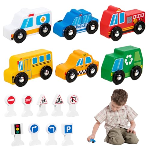 Spielset mit Holzspielzeugautos und Straßenschildern, Babyspielzeug mit Verkehrsthema, glatt, leicht, umweltfreundlich, Holzautos zum Schieben für Jungen, Mädchen, Kleinkinder, Holzautos für Baby Spielset mit Holzspielzeugautos und Straßenschildern, Babyspielzeug mit Verkehrsthema, glatt, leicht, umweltfreundlich, Holzautos zum Schieben für Jungen, Mädchen, Kleinkinder, Holzautos für Baby von HoveeLuty