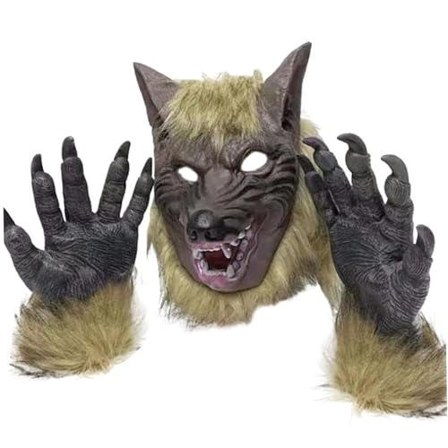 Werwolfmaske, Halloween-Werwolfkostüm, realistische Wolfsmaske und 1 Paar Pfotenhandschuhe, weich und hautfreundlich, gruselige Maske mit belüfteten Löchern für Halloween-Partys, Cosplay, Verklei Werwolfmaske, Halloween-Werwolfkostüm, realistische Wolfsmaske und 1 Paar Pfotenhandschuhe, weich und hautfreundlich, gruselige Maske mit belüfteten Löchern für Halloween-Partys, Cosplay, Verklei von HoveeLuty