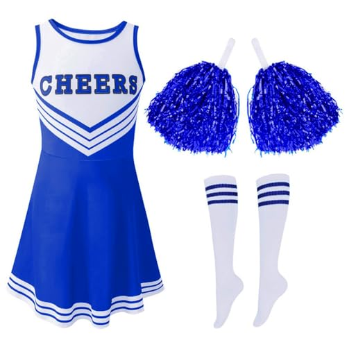 Hovershoes Cheerleader Outfit mit Cheerleader Pom Poms und Socken Cheerleading Uniform für Kinder Schulkind Cheer Outfit Karnevals Halloween Kleid von Hovershoes