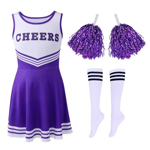 Hovershoes Cheerleader Outfit mit Cheerleader Pom Poms und Socken Cheerleading Uniform für Kinder Schulkind Cheer Outfit Karnevals Halloween Kleid von Hovershoes