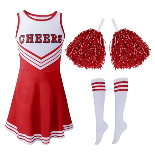 Hovershoes Cheerleader Outfit mit Cheerleader Pom Poms und Socken Cheerleading Uniform für Kinder Schulkind Cheer Outfit Karnevals Halloween Kleid von Hovershoes