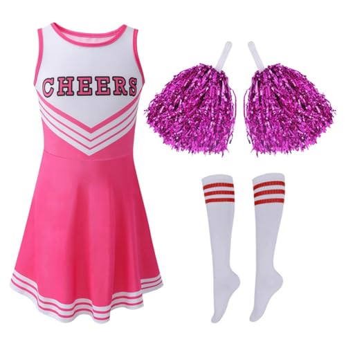 Hovershoes Cheerleader Outfit mit Cheerleader Pom Poms und Socken Cheerleading Uniform für Kinder Schulkind Cheer Outfit Karnevals Halloween Kleid von Hovershoes