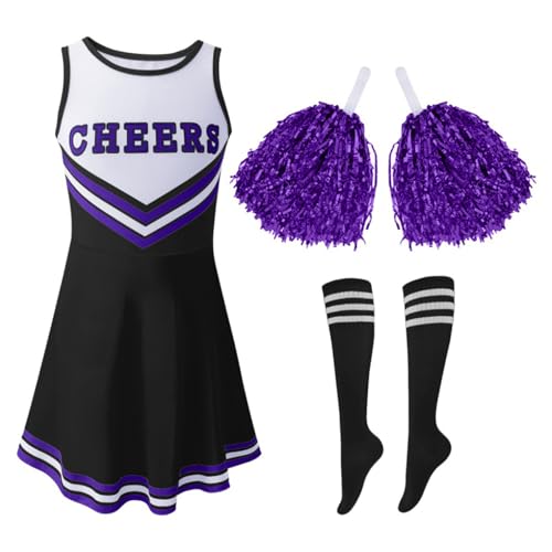 Hovershoes Cheerleader Outfit mit Cheerleader Pom Poms und Socken Cheerleading Uniform für Kinder Schulkind Cheer Outfit Karnevals Halloween Kleid von Hovershoes