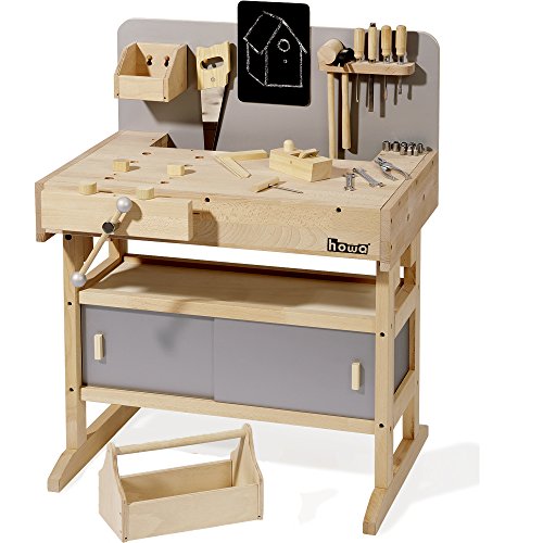 howa Massive Werkbank Kinder aus Hartholz - Große Kinder Werkbank inkl. Werkzeugkiste und 32-teiligem Werkzeug, verstellbare Arbeitshöhe 58-73cm 4900 von howa