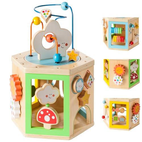 howa Motorikspielzeug My Rainbow, 6-seitiger Motorikwürfel aus Holz mit Steckwürfel, Schiebeelement, Motorikschleife und drehbaren Holzdetails, Baby Spielzeug 6010 von howa