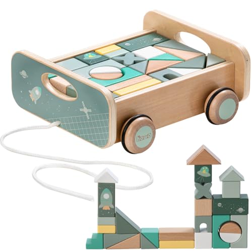 howa Nachziehwagen mit 25 Holzbausteinen aus Buche, Baby Spielzeug, Nachziehspielzeug, Holzbausteine, Nachziehspielzeug ab 1 Jahr, Baby Spielzeug 6018 von howa
