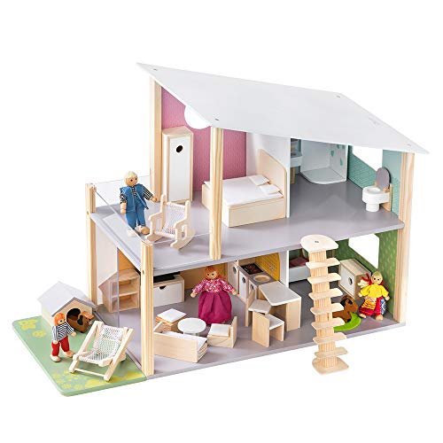 howa Puppenhaus Nelly aus Holz mit 23 TLG. Möbelset, 4 Puppen und Hund 7015 von howa