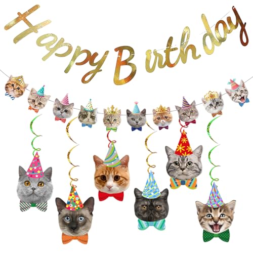 Hoxfly Katzen Banner Papier Set, Geburtstagsparty-Dekorationsset mit Katzenmotiven, Katzenkopf Wimpelkette Banner, Katzen Hänge-Ausschnitte Hänge-Deko, Wiederverwendbare Dekoration für Party Hoxfly Katzen Banner Papier Set, Geburtstagsparty-Dekorationsset mit Katzenmotiven, Katzenkopf Wimpelkette Banner, Katzen Hänge-Ausschnitte Hänge-Deko, Wiederverwendbare Dekoration für Party von Hoxfly
