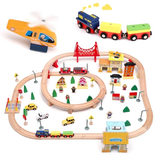 Holzeisenbahn Set für Kleinkinder,Hoyiyobi 72 Stück Eisenbahn Kinder Elektrisch mit Spuren & Leuchtsignale Holzeisenbahn Batterie für Junge & Mädchen Holzeisenbahn Set für Kleinkinder,Hoyiyobi 72 Stück Eisenbahn Kinder Elektrisch mit Spuren & Leuchtsignale Holzeisenbahn Batterie für Junge & Mädchen von Hoyiyobi