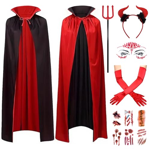 HpCuales Halloween-Kostüm, Halloween-Umhang, wendbares Teufelskostüm, Zubehör für Damen, Teufelshörner, Dreizack, lange Handschuhe, Horror-Gesicht, Edelsteine, Wund-Tattoo, Cosplay, Karneval, Party HpCuales Halloween-Kostüm, Halloween-Umhang, wendbares Teufelskostüm, Zubehör für Damen, Teufelshörner, Dreizack, lange Handschuhe, Horror-Gesicht, Edelsteine, Wund-Tattoo, Cosplay, Karneval, Party von HpCuales