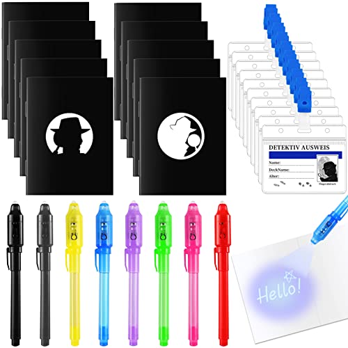 28Stk Detektiv Set Kinder,Geheimstift mit UV Licht Kinder,Notizbuch,Detektivausweis Ausweise mit Clip,Entdecker Set mit UV-Licht für Kindergeburtstag,Geschenke,Detektivisches Rollenspiel von Hpbaggy