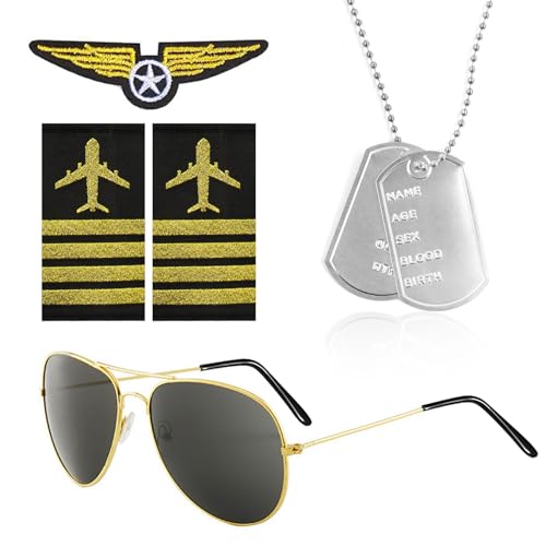 4 Stück Flieger Verkleidung Accessoires,Sonnenbrille Fliegerbrille,Silber Erkennungsmarke Kette,Schulterklappen,Patch,Pilot Kostüm Flieger Zubehör,für Männer Frauen Erwachsene Cosplay Party Thema 4 Stück Flieger Verkleidung Accessoires,Sonnenbrille Fliegerbrille,Silber Erkennungsmarke Kette,Schulterklappen,Patch,Pilot Kostüm Flieger Zubehör,für Männer Frauen Erwachsene Cosplay Party Thema von Hpbaggy