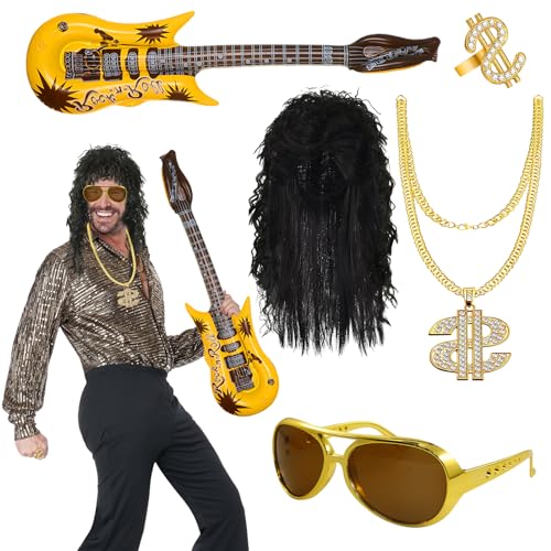 5 Stück Hippie Kostüm Zubehör, Disco Kostüm Zubehör, Perücke Disco Hippie Kostüm Set, Hippie Perücken Kostüm Zubehör Set, 70er 80er Jahre Perücke Disco Hippie Kostüm Set von Hpbaggy