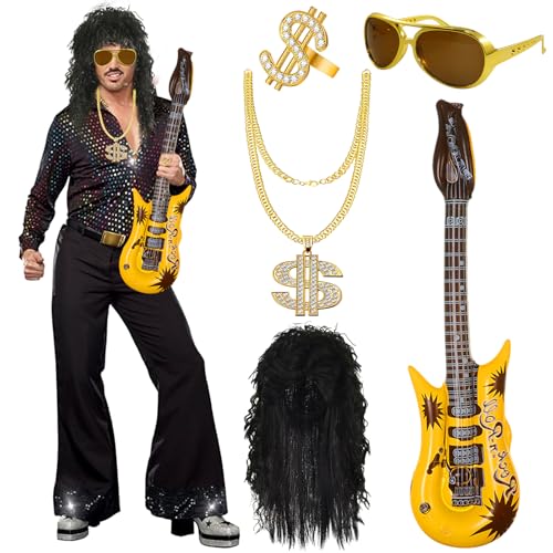 Hpbaggy 5 Stück Hippie Kostüm Zubehör, Disco Kostüm Zubehör, Perücke Disco Hippie Kostüm Set, Hippie Perücken Kostüm Zubehör Set, 70er 80er Jahre Perücke Disco Hippie Kostüm Set von Hpbaggy